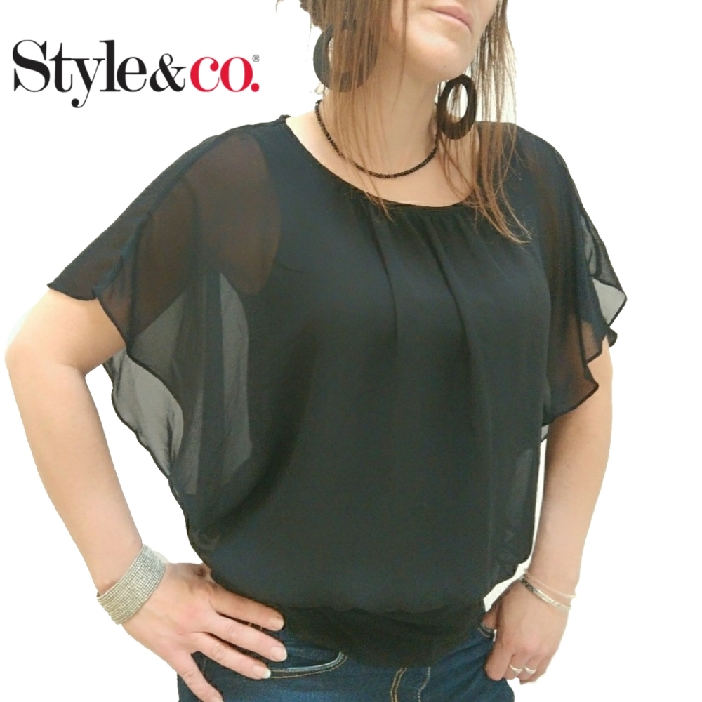 Style & Co Black Sheer Batwing Sleeve Top